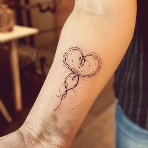Minimalist flat tattoo sketch of two hearts connected by an infinite loop