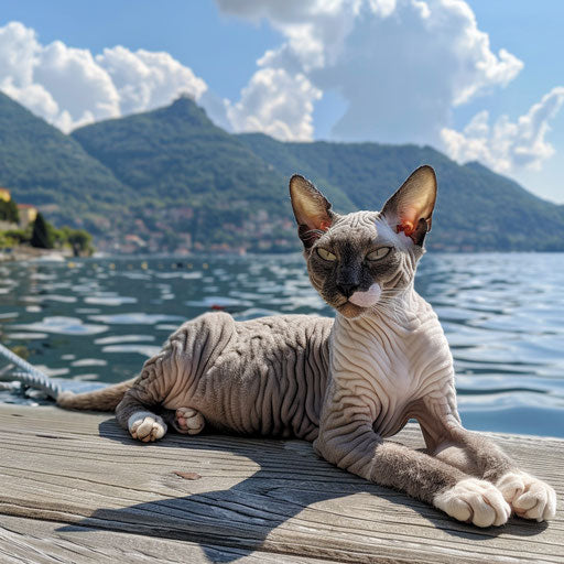 Cornish rex cat lying on a dock