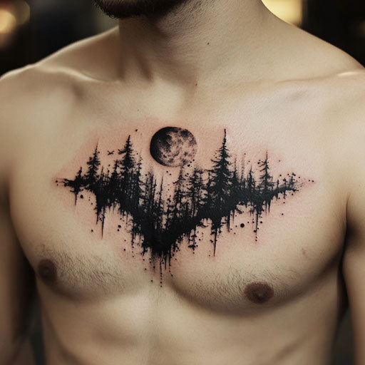 Small chest tattoos for men with haunted forests, in the style of Peter Jackson