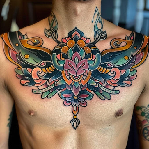 Vibrant flat tattoo sketch of a neo tribal chest piece in bright, contrasting colors