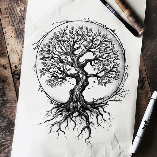 Sketch of a tree of life with roots and branches intertwined, clipart style, flat black ink