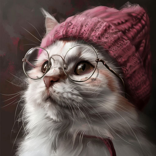 Cat with glasses and pink beanie