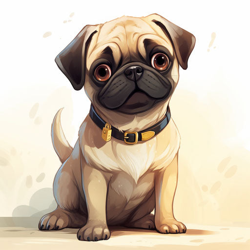 A cute pug dog in a cartoon style sitting in a white space