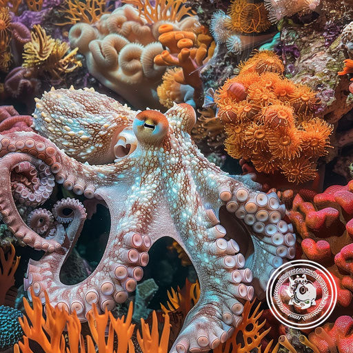 Octopus blending in coral reefs underwater