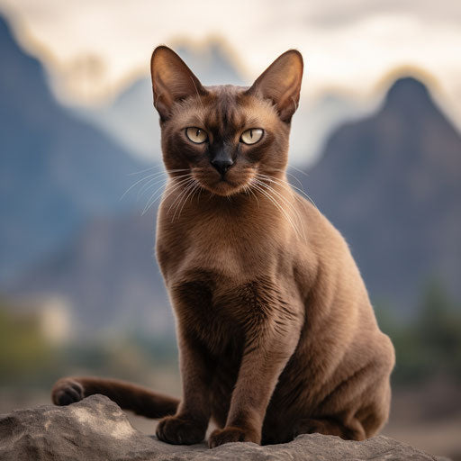 Burmese cat in front of mountain scenery