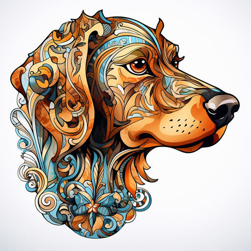 Odd shaped dog head with ornaments in psychedelic graphic style