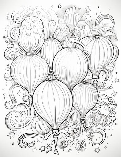 Happy Birthday coloring page with balls and balloons