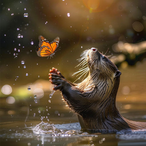 Playful encounter between an otter and a butterfly near the water