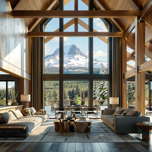 Spacious interior with wooden elements overlooking Mount Hood and trees