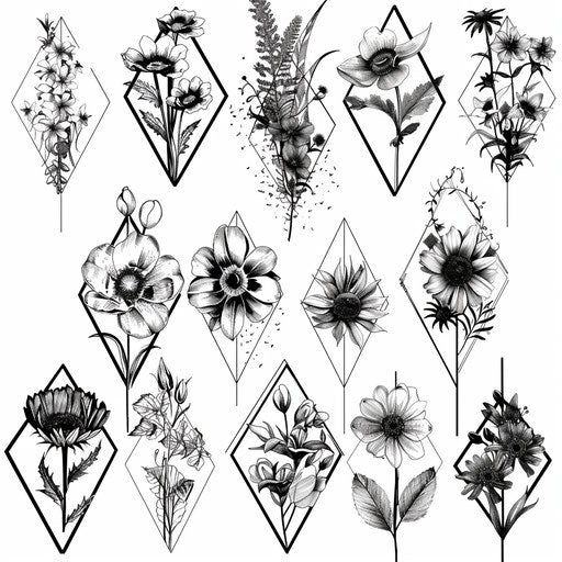 Collection of wildflower tattoos in geometric style