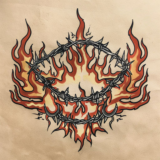 Old school flat tattoo sketch of a hell motif with classic barbed wire and flames