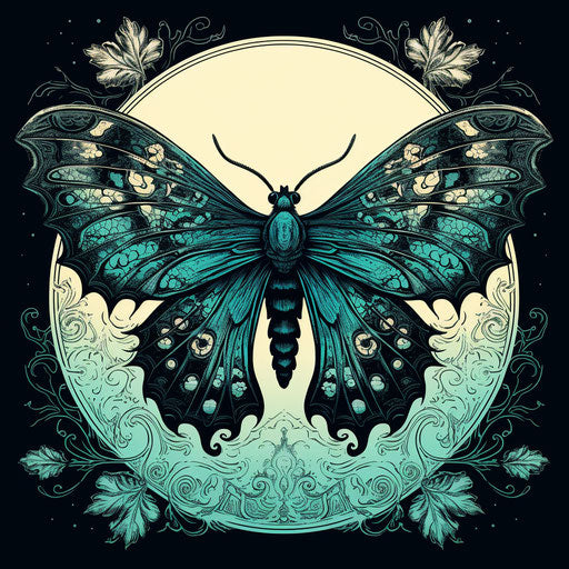 A blue moth with black wings on a turquoise background