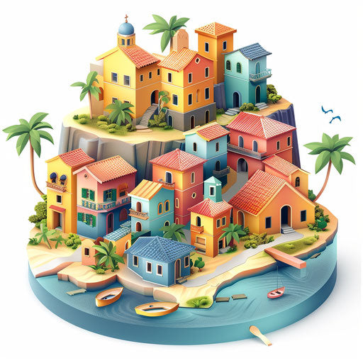 Realistic location illustration on flat white background, vibrant colors