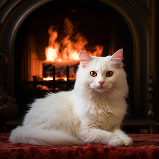 White cat in front of a fire in a fireplace