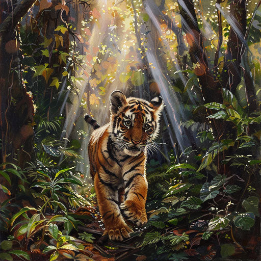A playful tiger cub explores a sunlit clearing