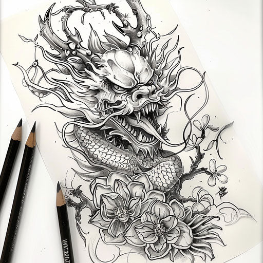 Exotic flat tattoo sketch of a shinigami with traditional Eastern dragon motifs