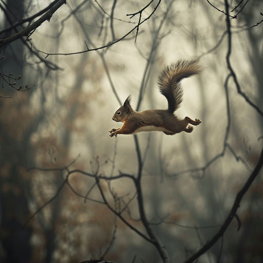 Squirrel jumping between tree branches in a misty forest
