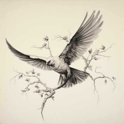 Dove flying with tree branch, black and white realism style