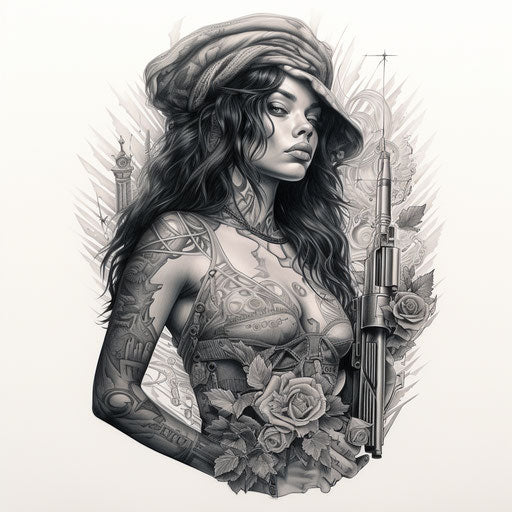 Woman with gun in detailed cross-hatching style