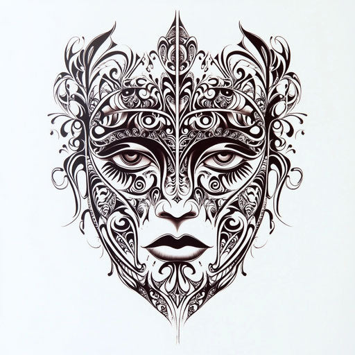 Flat maori face tattoo with symmetrical patterns