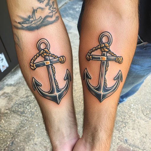 Father son tattoos with matching anchors wrapped in ropes