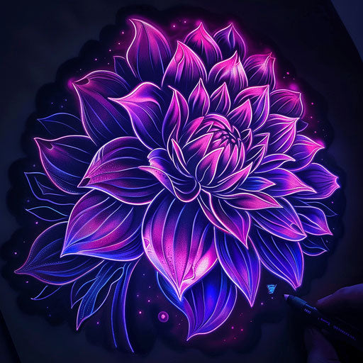 Neon glow dahlia tattoo sketch in dark mode