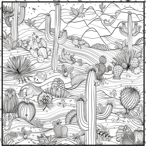 Intricate desert pattern with cacti and lizards, coloring book