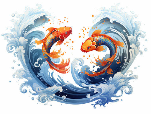 Two koi fish with swirling clouds on white background, heavy outlines, sky-blue and dark blue, ornate embroidery, traditional animation, traditional poses, symmetrical asymmetry, negative space 4:3