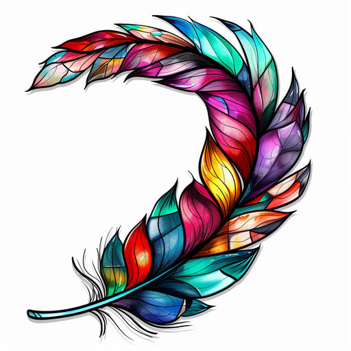 Feather tattoo in stained glass style, vibrant colors