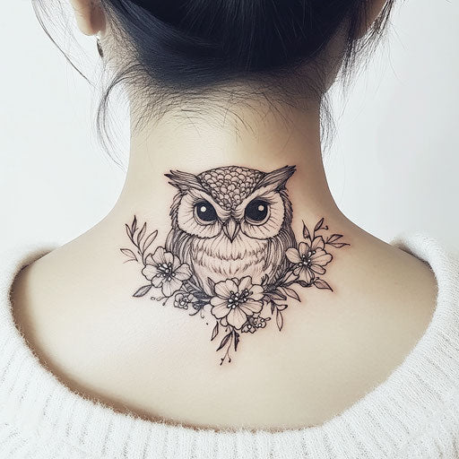 Owl neck tattoo sketch with floral accents