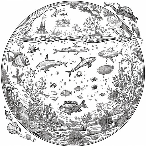 Detailed illustration of Earth with underwater scenes and marine life. Coloring book page