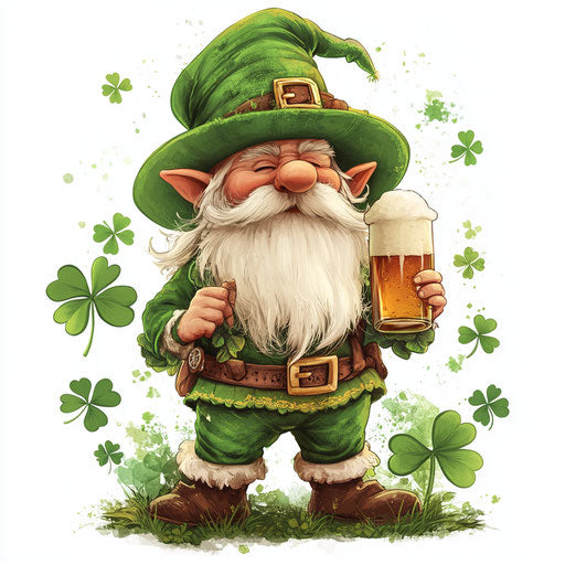 Saint Patrick's Day cute gnome with a big hat drinking beer, with clovers and shamrocks in the background. Clipart graphic design on white transparent background.