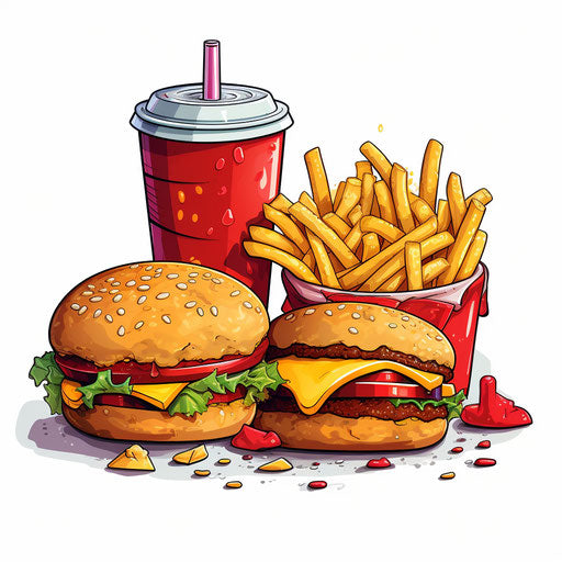 Unhealthy food illustration in Chiaroscuro Art style, on white background
