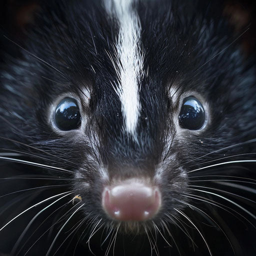 Close-up of a skunk with bright eyes and white stripes