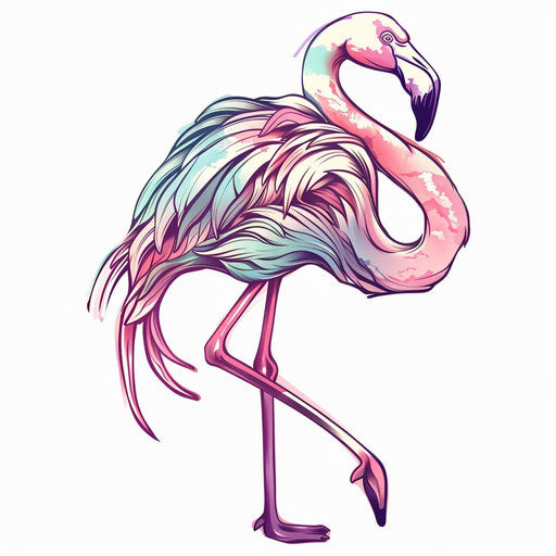 Whimsical flamingo tattoo illustration in pastel colors, cartoon style, white background