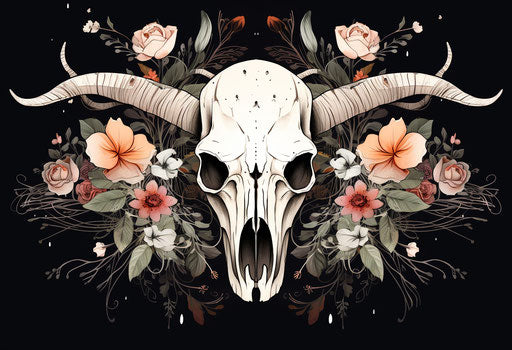 Bull skull with floral motifs and feathers, anti-aesthetic style