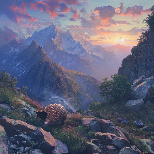 Pangolin's journey in mountain valley at dawn