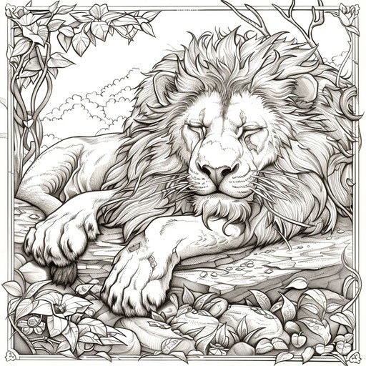 Peaceful lion in a serene setting - Coloring book page