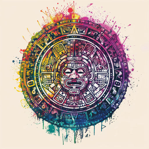 Cosmic Mayan calendar tattoo, with celestial bodies in bright colors, on white background