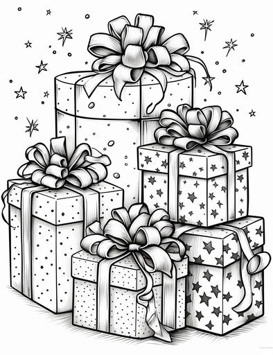 Coloring page of a set of gifts