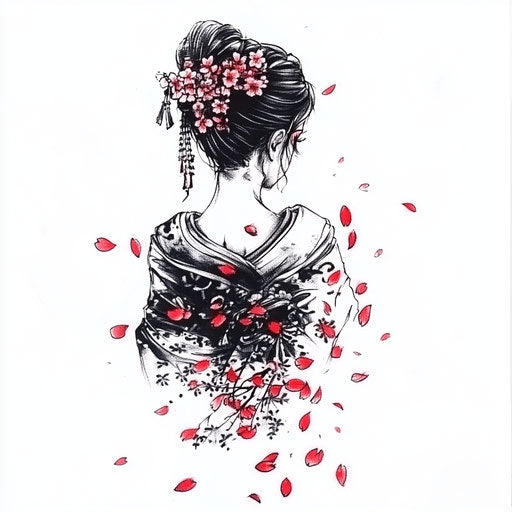 Flat yakuza tattoo sketch with geisha and sakura petals