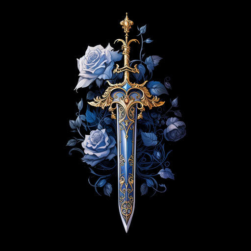 Sword and rose tattoo, dark azure and white style, medieval lith print