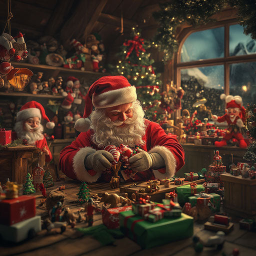 Santa's workshop: toys, gifts, busy elves crafting