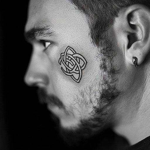 Small face tattoos with a Celtic knot symbol, in the style of Adrian Smith