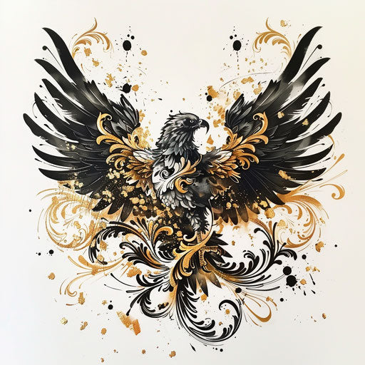 Roman eagle tattoo in black with golden accents