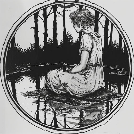 Tranquil tattoo design of Artemis sitting near a forest pool