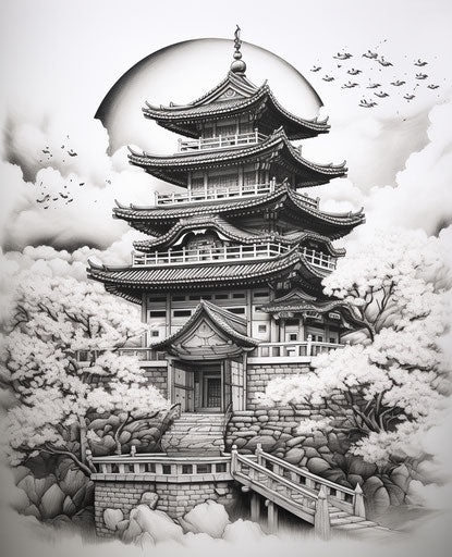 Asian temple under cloudy sky, cherry blossom style