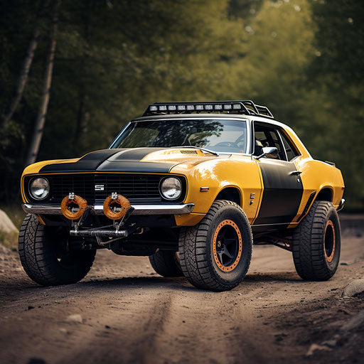 Classic Camaro car transformed into rally off-road version