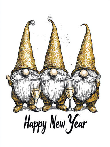 Three gnomes with gold hats and champagne glasses