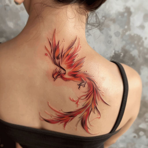 Stylized phoenix spine tattoo in red and orange blend on white background